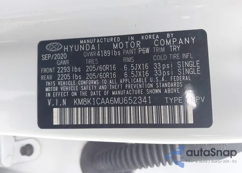 2021 Hyundai Kona Se из США, поврежденный, VIN KM8K1CAA6MU652341